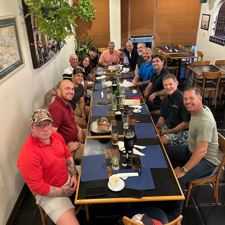 Veterans sharing a community dinner
