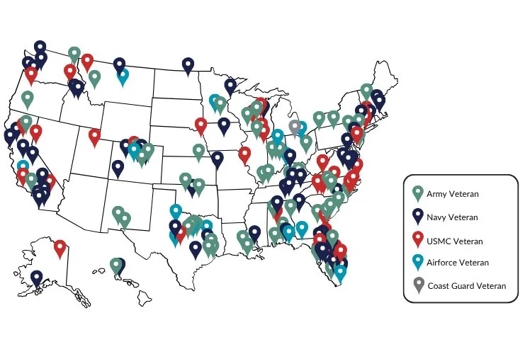 Map of the United States with pins marking veterans helped, by branch of service